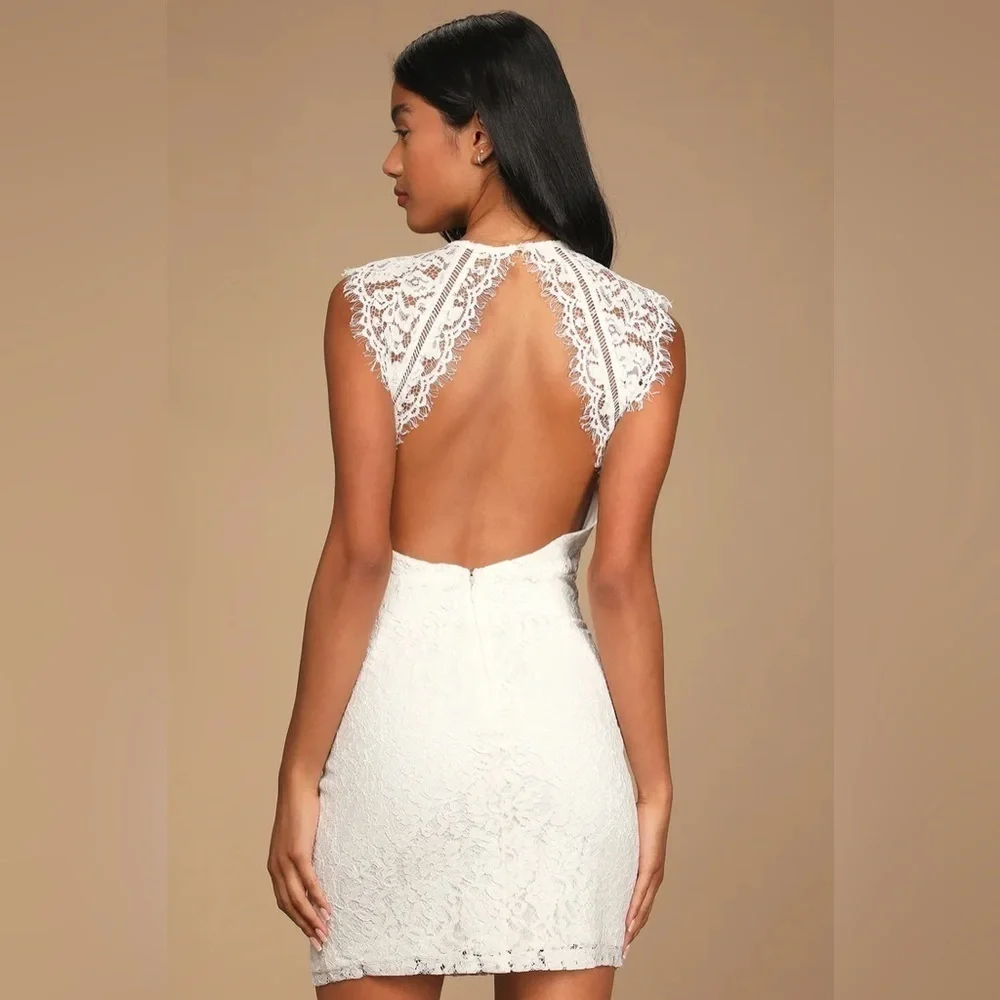 Lulu’s Truly Elegant White Eyelash Lace Backless Bodycon Mini Dress size medium